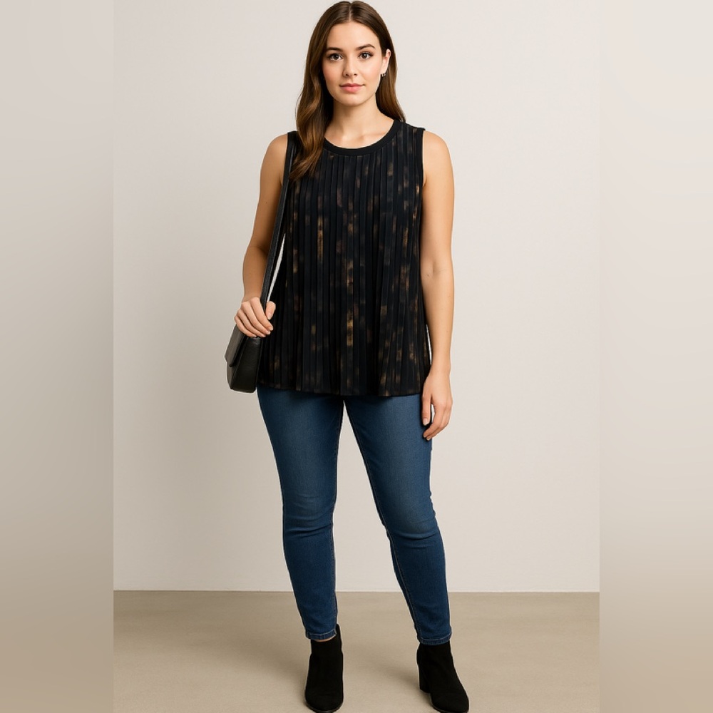 Daniel Rainn Women 1X Black Pleated Sleeveless Tunic Top Abstract Print Blouse